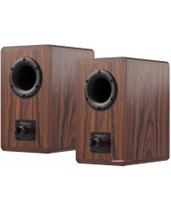 Dynaudio Legend hoparlör arkası, ahşap kaplama, bas refleks portu ve bağlantı terminalleri.
