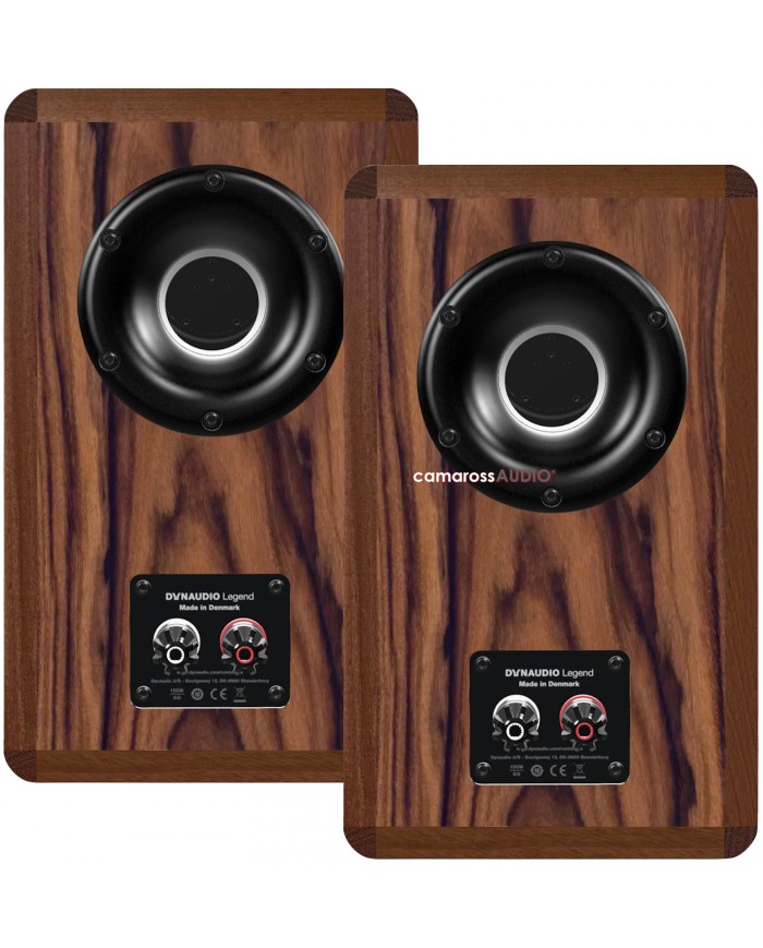 Dynaudio Legend hoparlör arkası, ahşap kaplama, siyah sürücü ve terminaller.