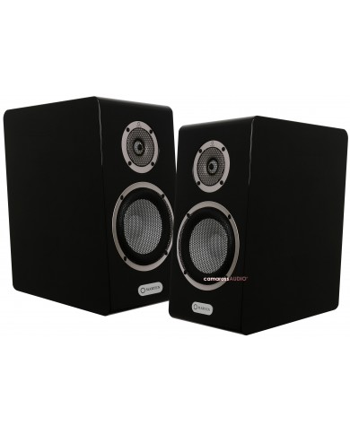 Marten OSCAR DUO siyah hoparlör çifti, gümüş detaylı, kompakt Hi-Fi ses sistemi.