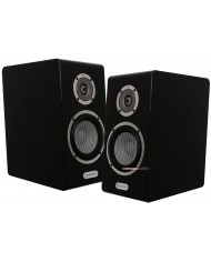 Marten OSCAR DUO siyah hoparlör çifti, gümüş detaylı, kompakt Hi-Fi ses sistemi.