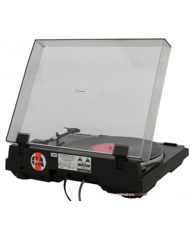 Pioneer PL-960 siyah pikap, şeffaf kapak açık, arka plaka detayı.