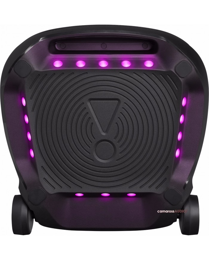 JBL PartyBox Ultimate siyah hoparlör, mor ışıklandırmalı arka yüzey ve tekerlekler.