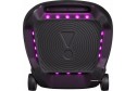 JBL PartyBox Ultimate siyah hoparlör, mor ışıklandırmalı arka yüzey ve tekerlekler.