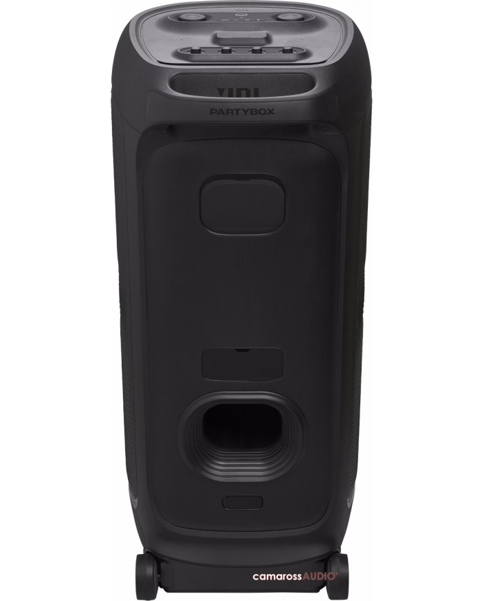 JBL PartyBox Ultimate siyah taşınabilir hoparlör arka yüzü ve bas portu.