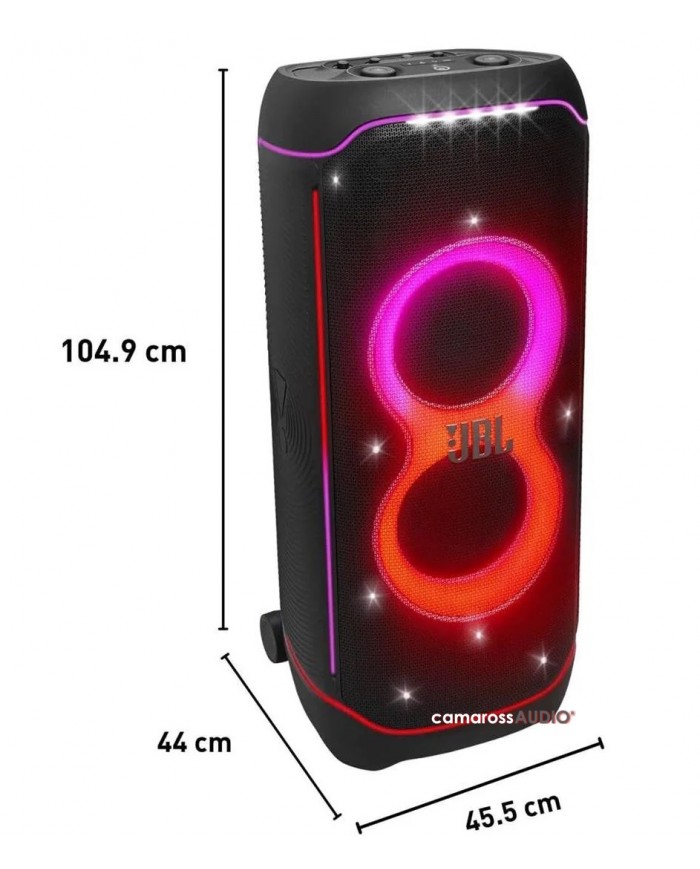 JBL PartyBox Ultimate siyah hoparlör, LED ışık şovlu ve tekerlekli taşınabilir ses sistemi.