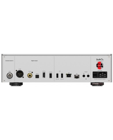 Matrix Audio NT-1 Digital Audio Transport arka paneli, gümüş renkli, dijital çıkışlar.