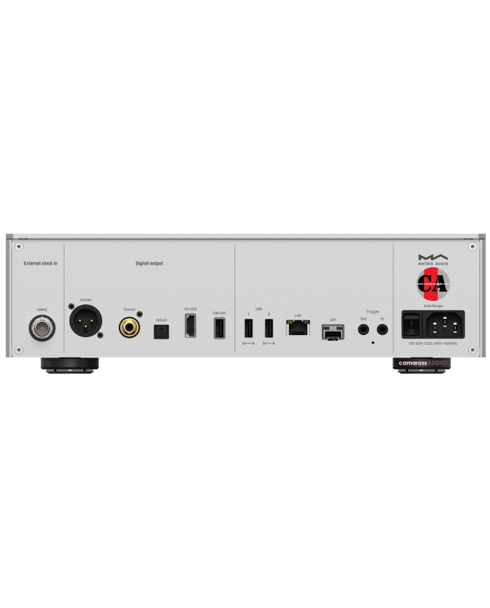 Matrix Audio NT-1 Digital Audio Transport arka paneli, gümüş renkli, dijital çıkışlar.