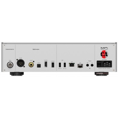 Matrix Audio NT-1 Digital Audio Transport arka paneli, gümüş renkli, dijital çıkışlar.