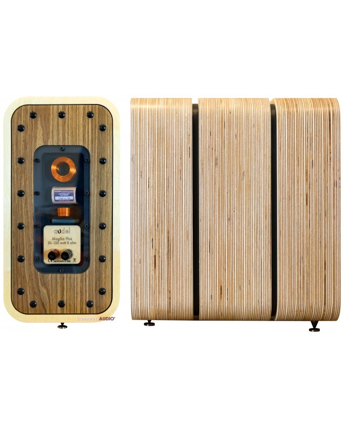 Audel Magika Plus hoparlör ahşap arka panel ve lamine kenar detayları.