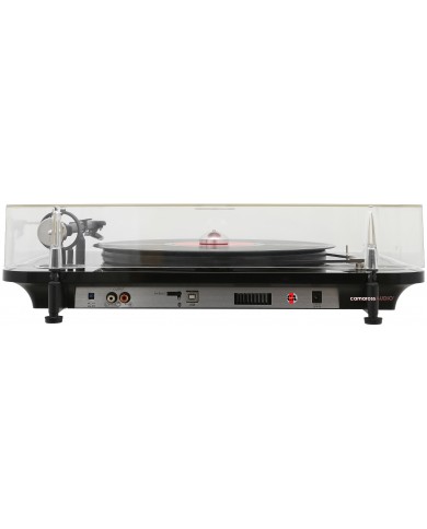 Elipson Omega 100 RIAA BT pikap, şeffaf kapaklı siyah gövde, RCA ve USB çıkışları.