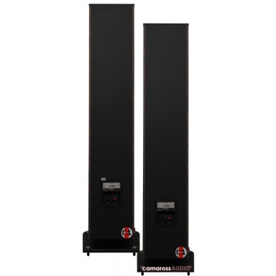 Focal Aria 936 siyah hoparlör arkası, bağlantı terminalleri ve taban detayı.