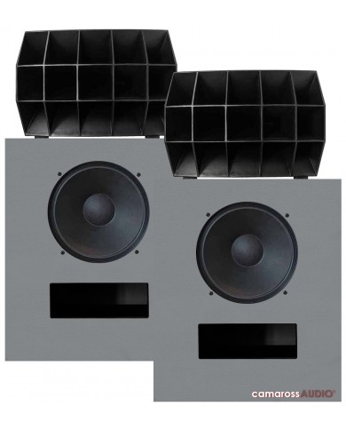 Klipsch x OJAS kO-R2 hoparlör, gri kabin, siyah horn ve woofer.
