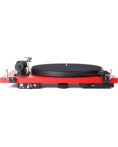 Pro-Ject Essential II Kırmızı Pikap USB OM5, RCA çıkışlı, yan görünüm.