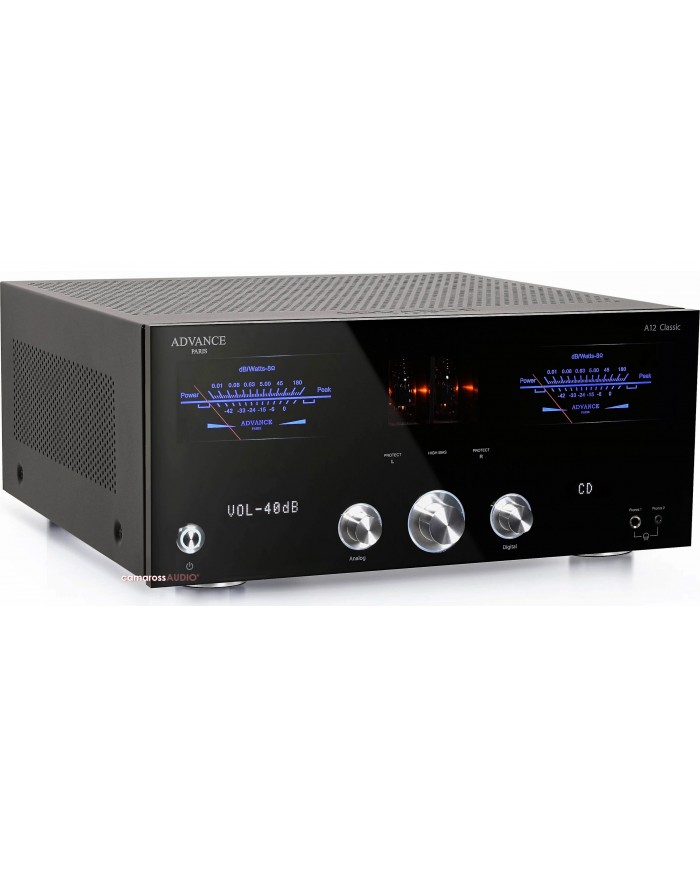 Advance Paris A12 Classic siyah Hi-Fi tüplü amfi, VU metre göstergeli.