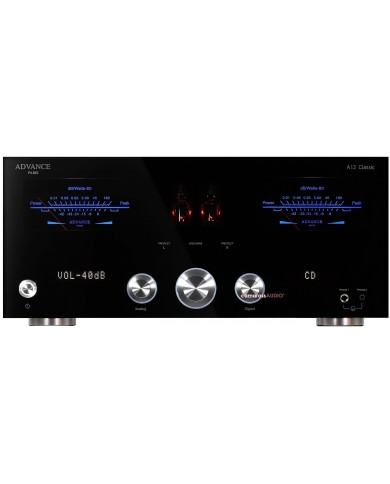 Advance Paris A12 Classic siyah stereo amfi, VU metre ve tüplü ön panel.