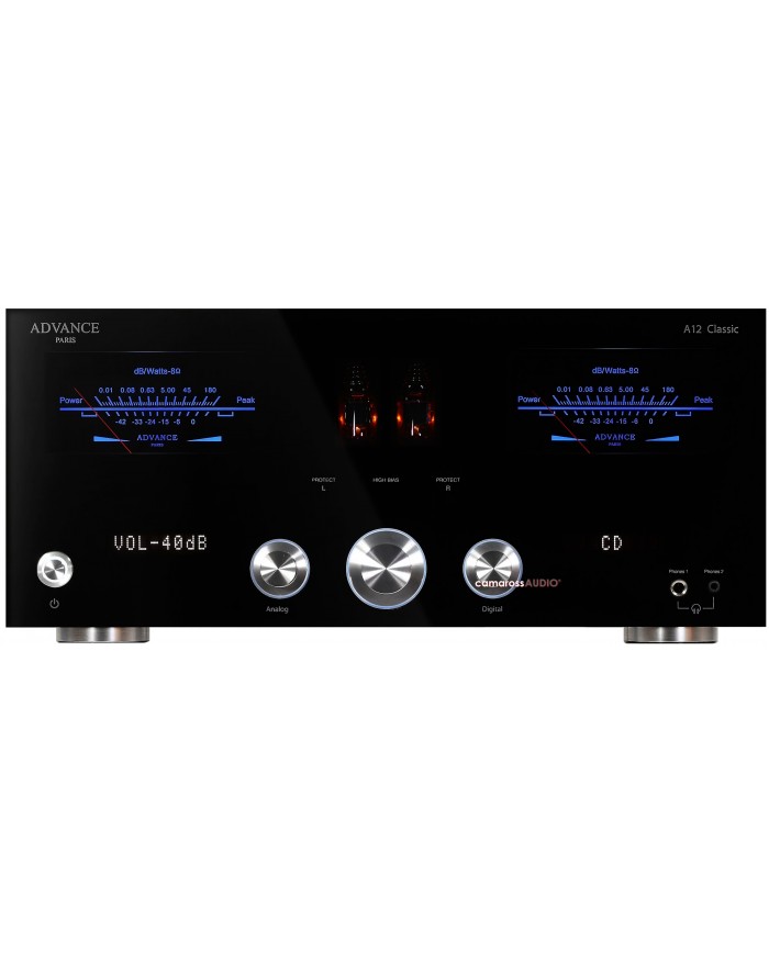 Advance Paris A12 Classic siyah stereo amfi, VU metre ve tüplü ön panel.