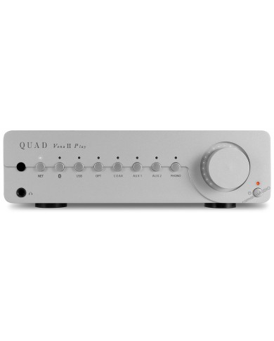 Quad Vena II Play gümüş renkli Hi-Fi entegre amplifikatör ön yüzü.