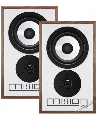Mission 750 beyaz ön panelli, ahşap çerçeveli bookshelf hoparlör çifti.