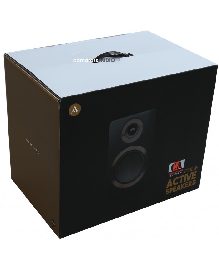 Argon Audio FORTE A5 Aktif Hoparlör kutusu, siyah ambalaj, hoparlör görseli.