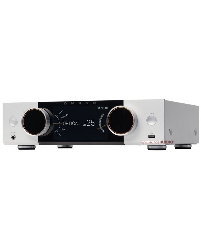 Onkyo Muse Y-50 gümüş renkli Hi-Fi stereo amfi ön paneli.