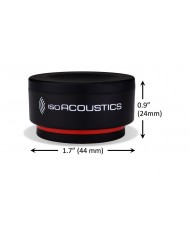 Siyah IsoAcoustics ISO-Puck Mini hoparlör izolasyon standı, boyutları ile.