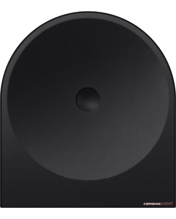 Siyah Samsung Music Studio 5 hoparlör ön yüzü, dairesel tasarım.