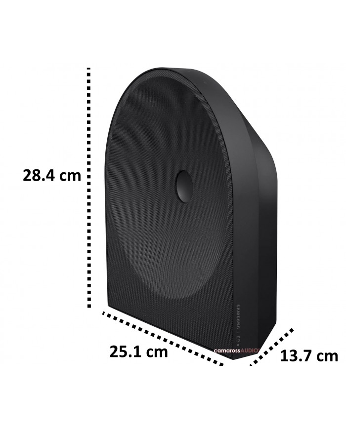 Samsung Music Studio 5 siyah subwoofer hoparlör boyutu görselleri.
