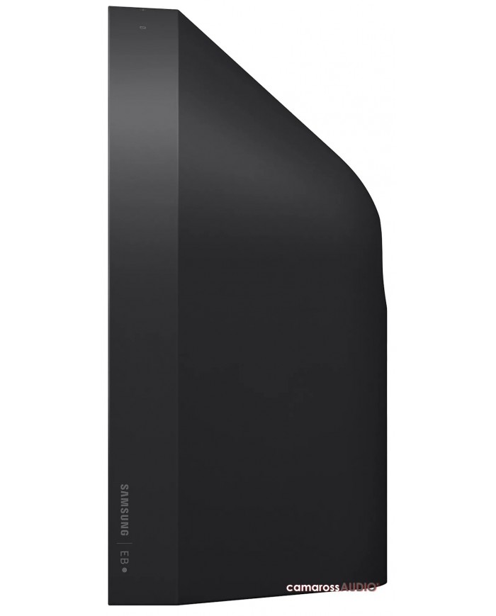 Siyah Samsung Music Studio 5 hoparlör kutusu, minimalist tasarım.