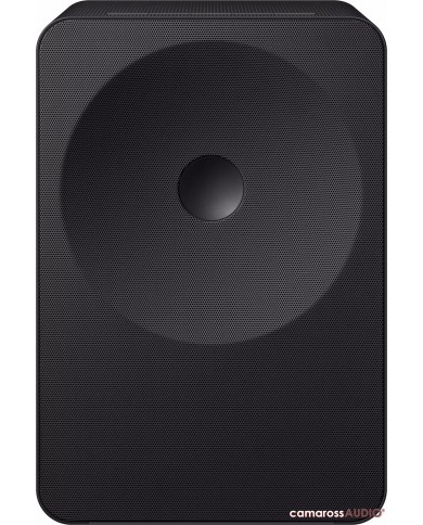 Siyah Samsung Music Studio 7 hoparlör ön yüzü, subwoofer ızgarası.