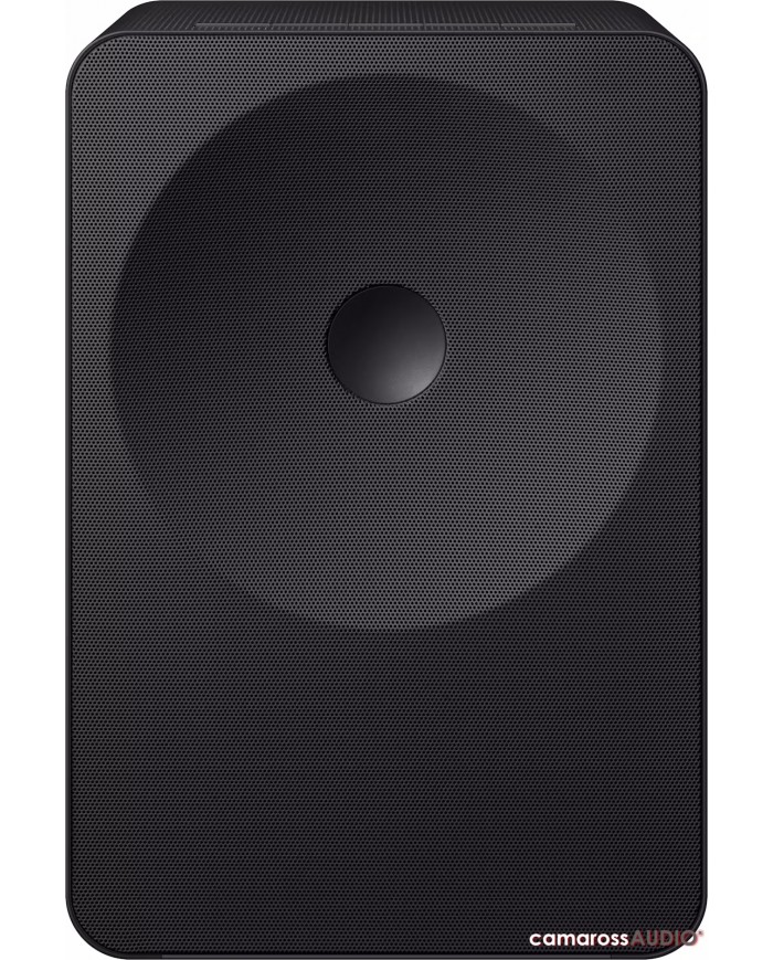 Siyah Samsung Music Studio 7 hoparlör ön yüzü, subwoofer ızgarası.