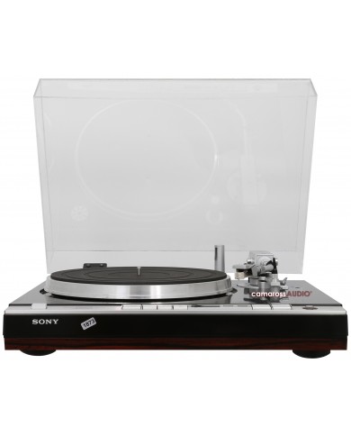 Sony PS-X75 pikap, ahşap gövdeli, şeffaf kapaklı vintage plak çalar.
