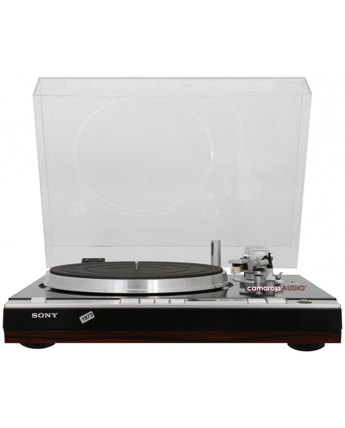 Sony PS-X75 pikap, ahşap gövdeli, şeffaf kapaklı vintage plak çalar.
