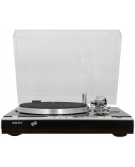 Sony PS-X75 pikap, ahşap gövdeli, şeffaf kapaklı vintage plak çalar.