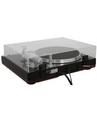Sony PS-X75 pikap, şeffaf kapaklı, siyah ve gümüş detaylı.
