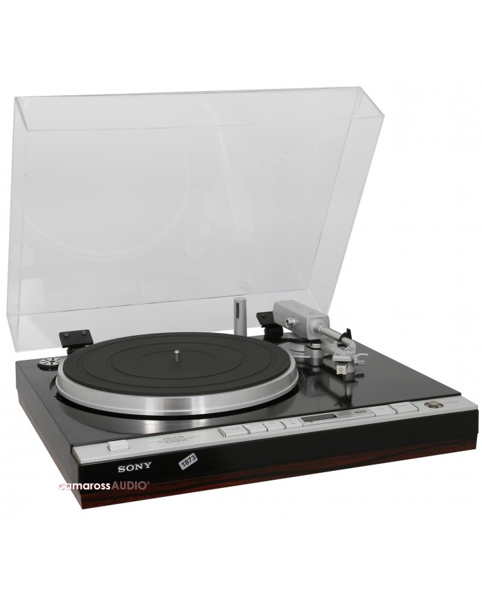 Sony PS-X75 plak çalma, vintage siyah ahşap pikap şeffaf kapaklı