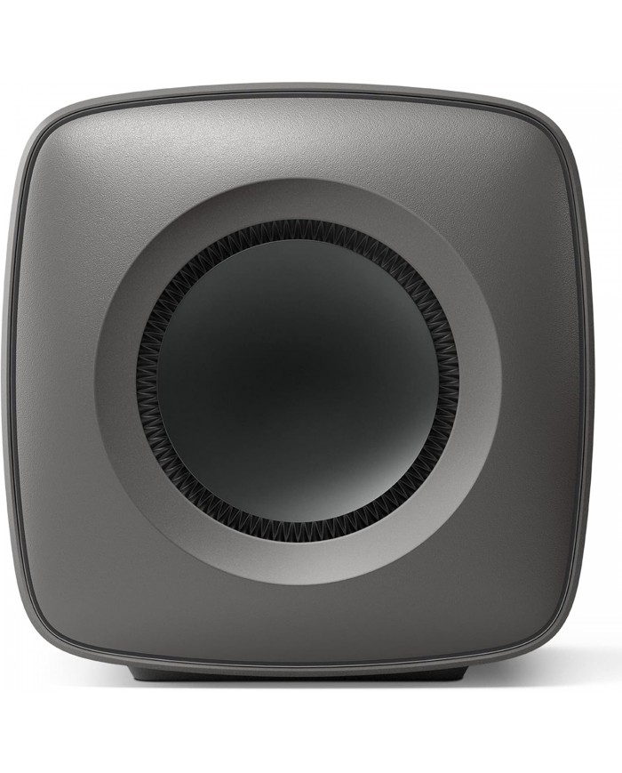 KEF KC62 Subwoofer koyu gri renkli, kompakt ve modern subwoofer ön görünümü.