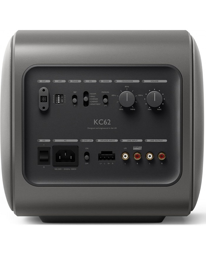 KEF KC62 Subwoofer arka bağlantı paneli ayarları ve kontrolleri.