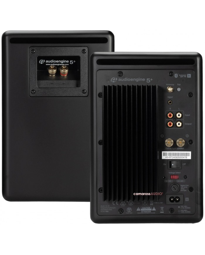 Audioengine A5+ siyah aktif hoparlör, Bluetooth, RCA giriş/çıkış ve hoparlör bağlantıları