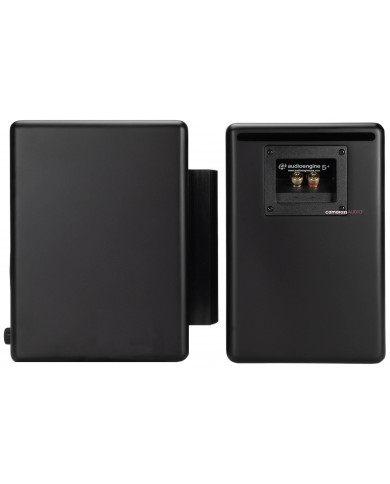 Audioengine A5+ siyah bookshelf hoparlörler, arka bağlantı noktaları gösteriliyor