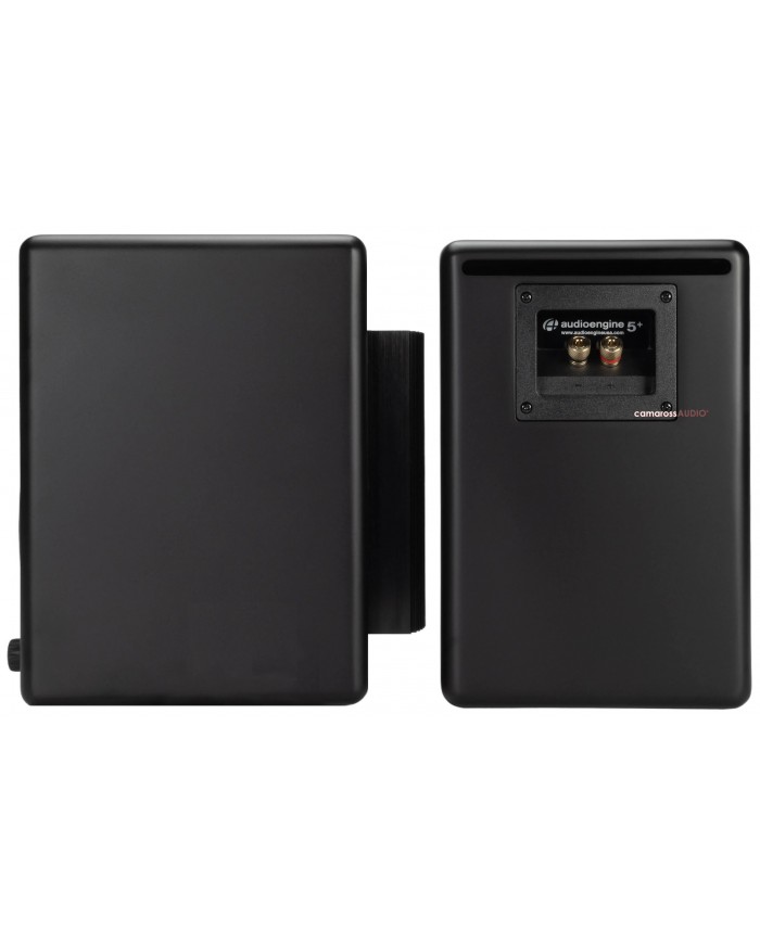 Audioengine A5+ siyah bookshelf hoparlörler, arka bağlantı noktaları gösteriliyor
