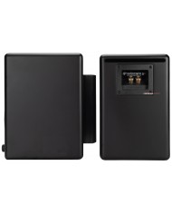 Audioengine A5+ siyah bookshelf hoparlörler, arka bağlantı noktaları gösteriliyor