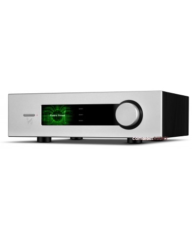 Quad Platina Stream müzik oynatıcı, gümüş kasa, yeşil ekranlı hi-fi cihaz.