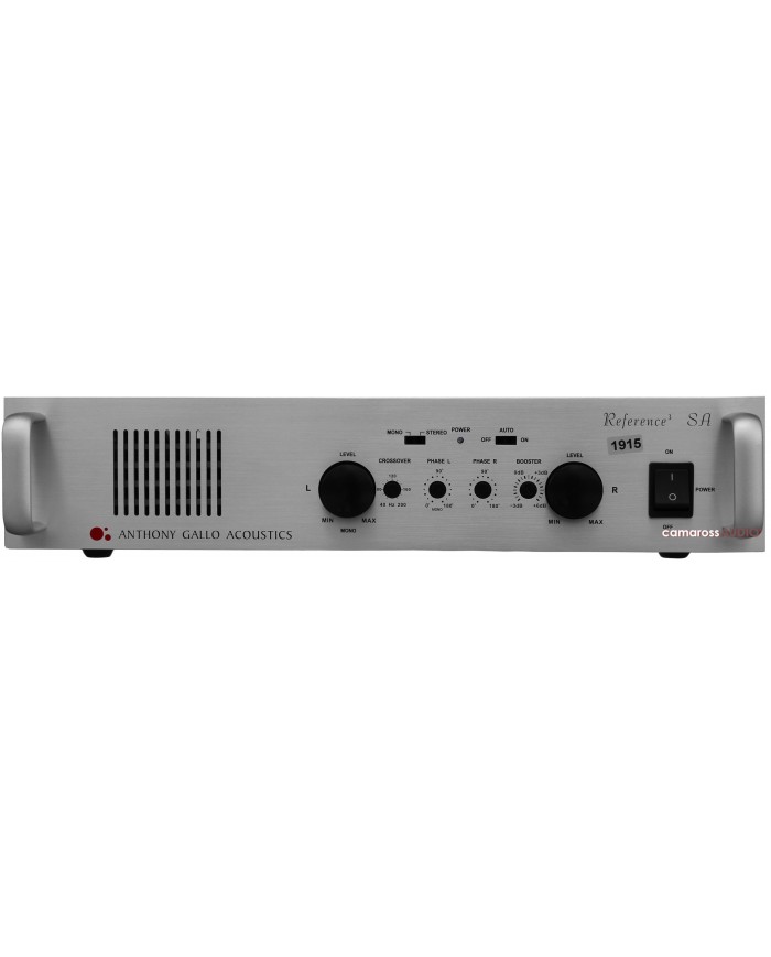 Anthony Gallo Acoustics Reference SA amfi, gümüş renkli, ön panel kontrolleri.