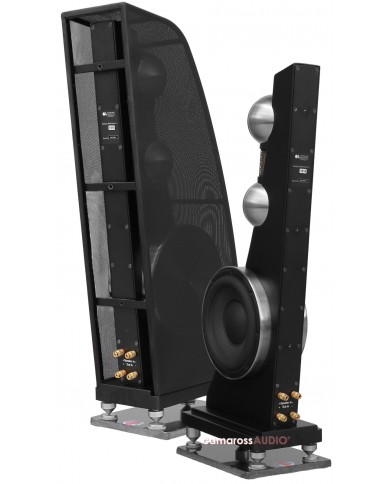 Anthony Gallo Reference 3.1 siyah hoparlör, dual subwoofer, tweeter ve standlar.