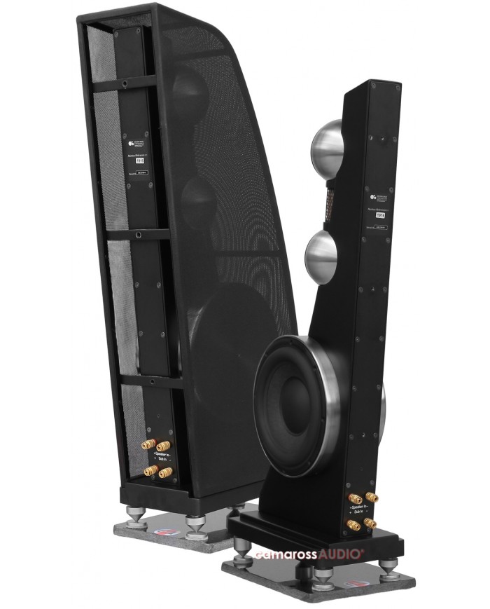 Anthony Gallo Reference 3.1 siyah hoparlör, dual subwoofer, tweeter ve standlar.