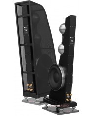 Anthony Gallo Reference 3.1 siyah hoparlör, dual subwoofer, tweeter ve standlar.