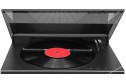 Bang & Olufsen Beogram 3000 siyah pikap, kırmızı plak ve kapaklı.