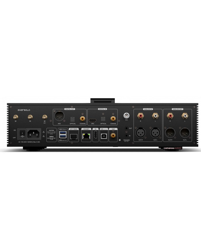 Eversolo DMP-A8 Gen 2 siyah renkli, çoklu dijital ve analog giriş/çıkışlı ses oynatıcı arka paneli.
