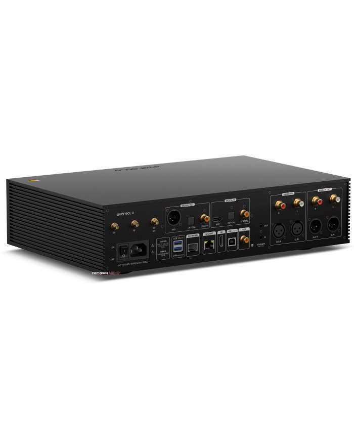 Eversolo DMP-A8 Gen 2 siyah dijital ses çalar, çoklu bağlantı noktaları, XLR ve RCA çıkışları