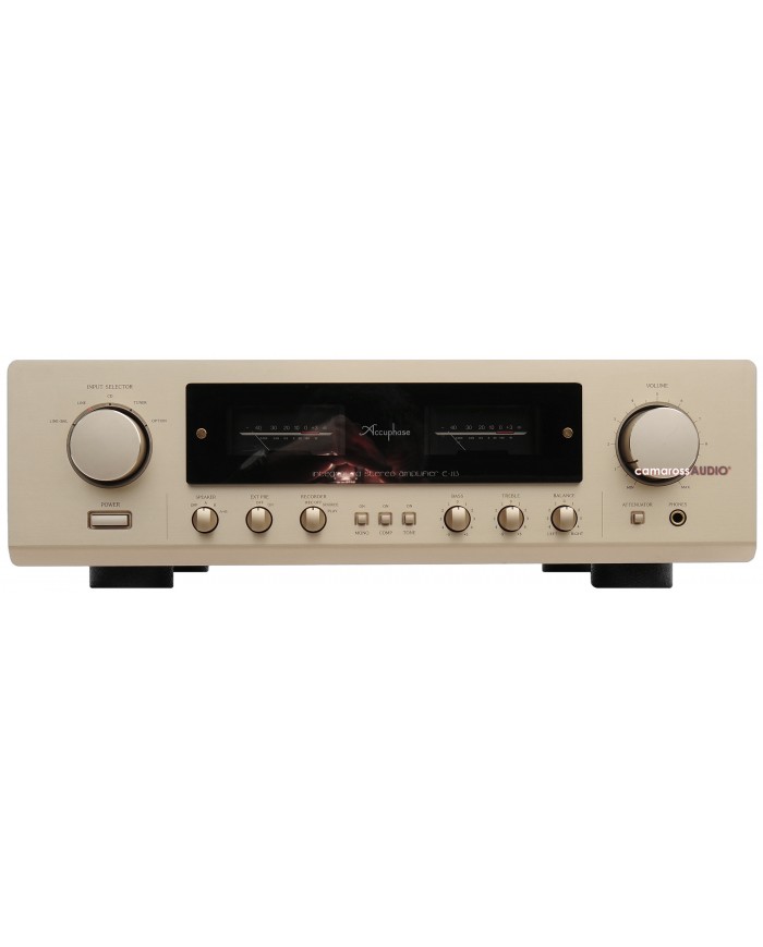 Accuphase E-213 entegre stereo amplifikatör, bej renk, ön panelde ses seviyesi göstergeleri